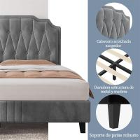 Marco de cama con cabecera tapizada, altura ajustable, soporte de láminas de madera y patas metálicas, color gris oscuro. - details 24