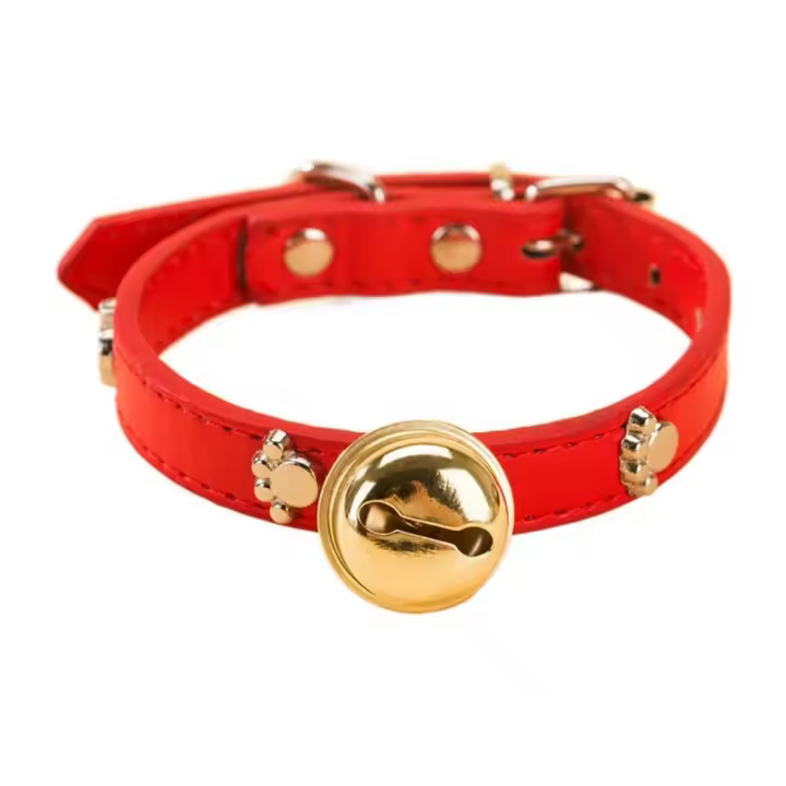 Cadena de campana dorada para perro, Collar de campana con estampado de pata de gato de PU, anillo de cuello de perro de aleación ajustable con campana, Collar de fiesta para perro - 1