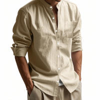 Camisa de lino de primavera y otoño, manga larga, cuello alto, transpirable, pegatina informal, camisa de bolsillo, hombres - details 5