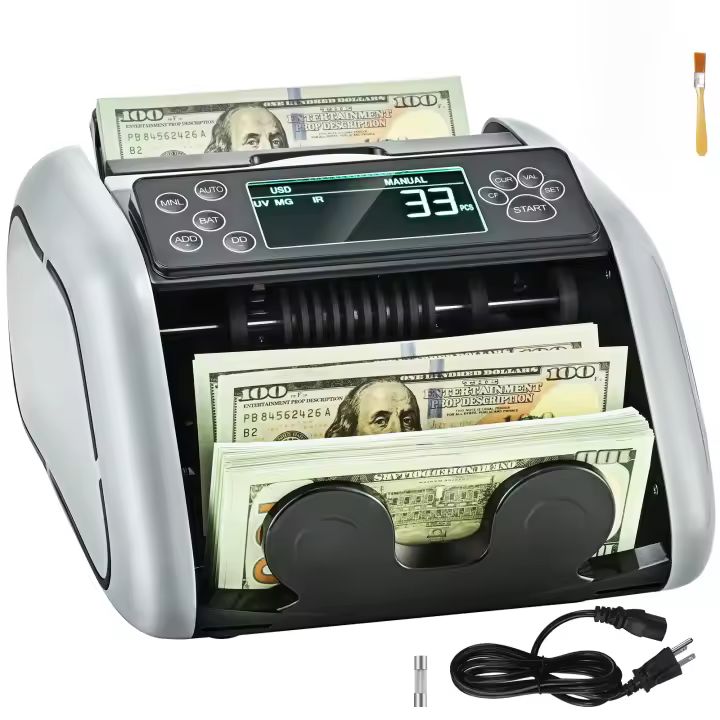 SucceBuy Máquina contadora de dinero, contadora de billetes con detección UV, MG, IR y DD, conteo de efectivo en dólares y euros, pantalla LCD grande y externa para pequeñas empresas - 1