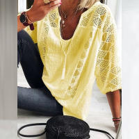 Blusa de Lino y Algodón para Mujer Cuello en V, Manga 3/4, Blusa Holgada Informal, Moda Diaria - details 13