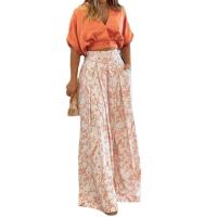 Women casual 2 pieces set elegant v neck short sleeve tops and print wide leg pants - details 8