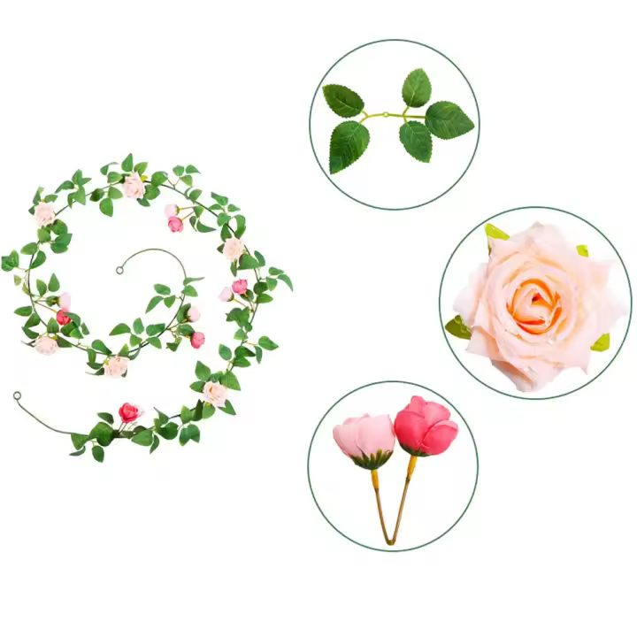 Enredadera de rosas artificiales de plástico hecha a mano, flor de rosa de seda de primavera, enredadera de rosa de simulación realista, decoración para el hogar y el jardín - 1
