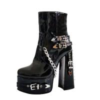 Botas cortas con plataforma y tacón alto para mujer, botines con remaches de cadena plateada de charol negro, Punk Y2K, chica picante, gótica, grande - details 1