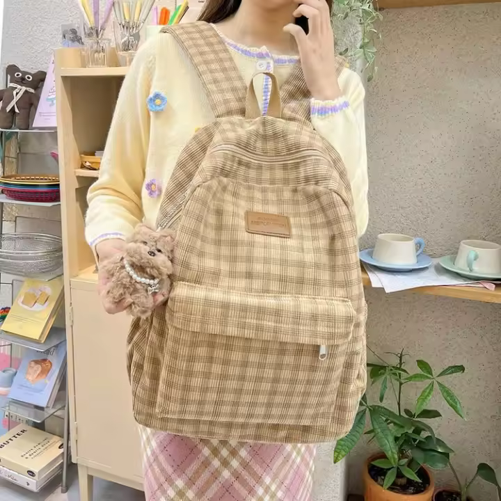 Mochila informal, de cuadros, de gran capacidad, para estudiantes de secundaria, de pana, para viajes, estilo bosque. - 1