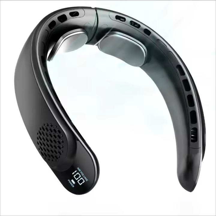 Ventilador de cuello, 4 ventiladores turbo, batería de 4000 mAh, recargable por USB, 3 velocidades, flujo de aire de 360 ° , pantalla LED, portátil para el hogar, la oficina, viajes y regalos. - 1