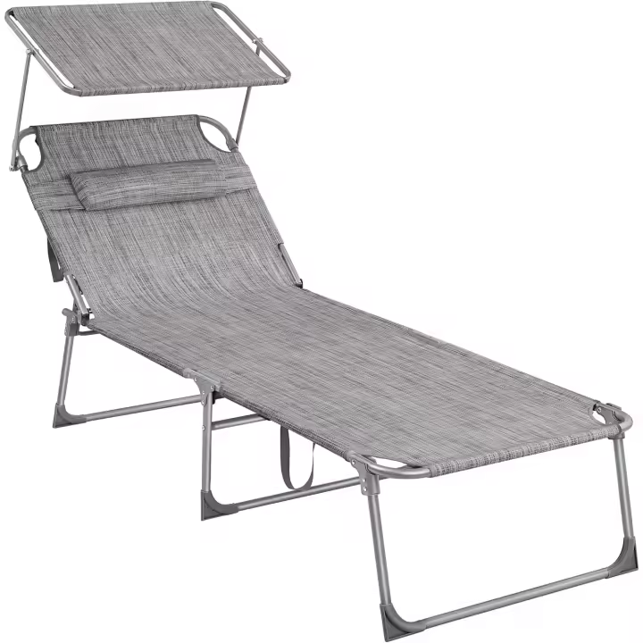 Plegable, Tumbona, 200 x 71 x 38 cm, Capacidad Carga 150 kg, con Parasol y Respaldo reclinable, para jardín, Piscina, terraza, Color Topo GCB022K01 - 1