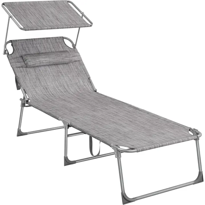 Plegable, Tumbona, 200 x 71 x 38 cm, Capacidad Carga 150 kg, con Parasol y Respaldo reclinable, para jardín, Piscina, terraza, Color Topo GCB022K01 - 1