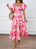 Vestido de manga de burbuja con falda mullida estampada con cuello de una línea de estilo nuevo de verano para mujer - details 2