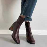 Piel de oveja completa rayada a mano nueva cabeza cuadrada tacones altos franceses delgados - details 3