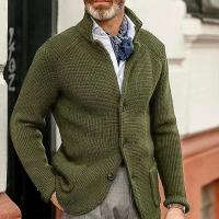 Cárdigan de punto grueso para hombre, suéter de lana, chaqueta de punto con cuello levantado de manga larga ajustada de color sólido para otoño e invierno - details 3