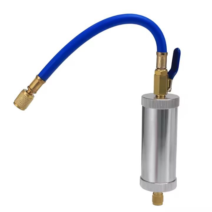 Inyector de tinte para aire acondicionado de coche, inyección de aceite R12, R134A, R22, tubo de relleno de refrigerante líquido puro de 2 onzas, azul - 1