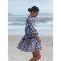 Vestido corto de vacaciones de playa de rayón informal suelto con lazo floral para mujer de moda de verano - details 19