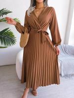 Vestido largo plisado con dobladillo grande para mujer, vestido cruzado de Color liso con cuello en V, moda de primavera y verano - details 3