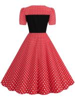 Women summer casual polka dot print short sleeve a line party vintage elegant midi dress - details 3