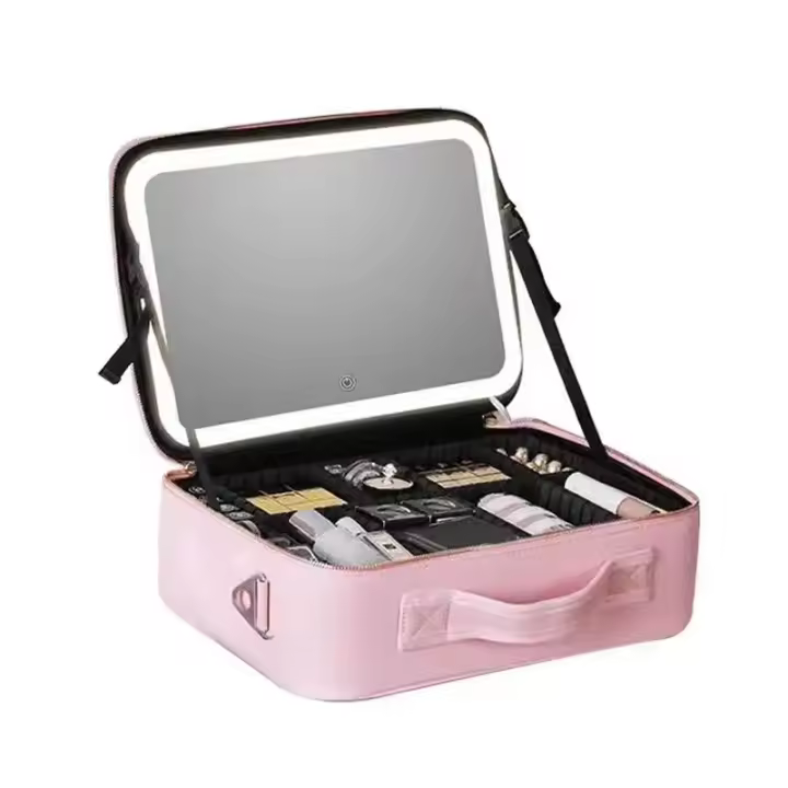 Bolsa de maquillaje LED inteligente con espejo para mujer, estuche de cosméticos de viaje profesional de cuero PU, impermeable, de gran capacidad, nuevo - 1