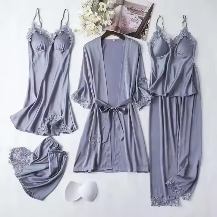 Juego de albornoz Ence de 5 piezas para mujer, ropa de dormir, kimono de satén, informal, para el hogar, primavera y verano - 1