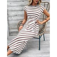 Vestido largo de manga corta con cuello redondo a rayas y cintura elegante con vestidos de encaje utilizados para la fiesta de verano de las mujeres - details 33