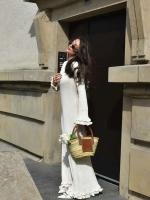 Vestido largo de punto con mangas acampanadas y dobladillo con volantes para mujer, Vestido elegante con espalda descubierta y cuello redondo con cordones, batas de vacaciones para mujer - details 16