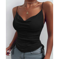 Top sin mangas con cuello drapeado y tirantes delgados para mujeresVCamisola sin mangas plisada de moda para el verano - details 6