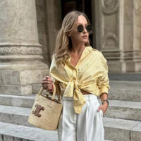 BUNO-2025 Primavera Verano amarillo manteca rayas mujeres camisas sueltas moda cuello vuelto solo pecho camisas finas para mujer - details 4