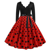 Women plaid print long sleeve vintage a line party dress v neck - details 73