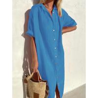 Vestido camisero largo de lino y algodón con botones de manga corta holgado informal elegante para mujer - details 4