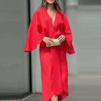 2025 mujeres banquete cuello en V Oficina verano manga larga cintura alta fiesta Casual Color sólido Tie-up vestido femenino - details 5