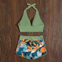 Bikini abierto con estampado de hojas retro en talla grande, conjunto de traje de baño de dos piezas con correas estables para mujer - details 85