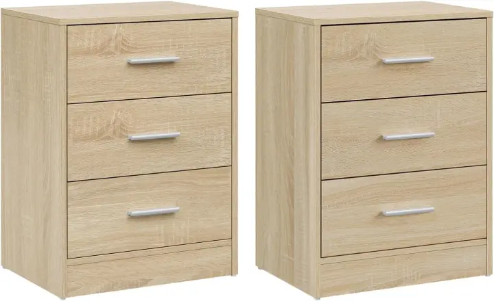 Mesitas de Noche Modernas de Madera Estilo Claro de Roble 3 Cajones Tamaño 39x28x54 cm - 1