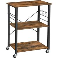 Estantería de Cocina con Ruedas, Carrito de Servicio de 3 Niveles, Estantería para Microondas, Horno, Tostadora, Marco de Metal con 6 Ganchos, Marrón Rústico y Negro - details 0