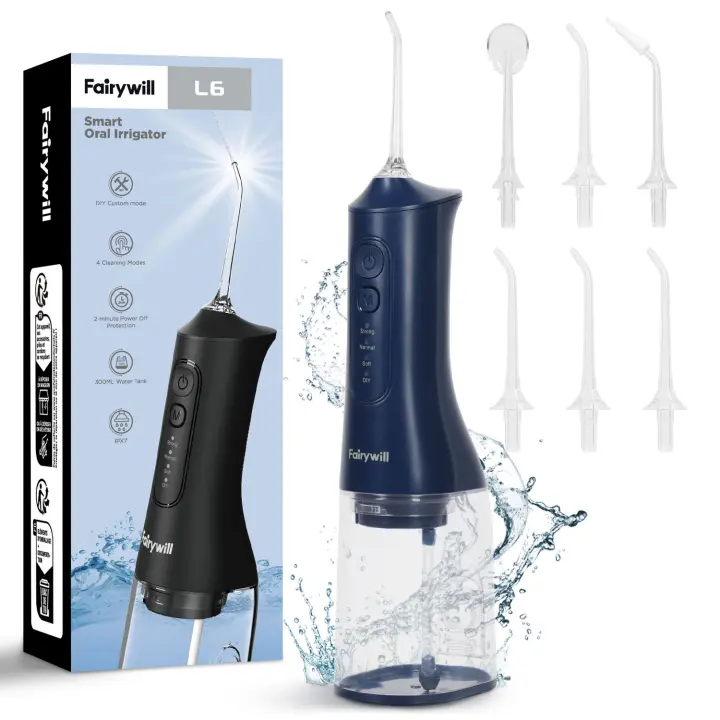 Fairywill-irrigador Oral portátil con USB, hilo Dental de agua, blanqueamiento Dental, 300ML, 6 boquillas, limpieza bucal para aparatos - 1