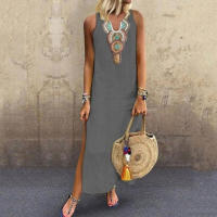 Vestido sual bohemio midi vestido de lino de algodón suave con estampado - details 1