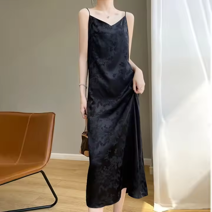 Elegante Falda de Seda con Cinturón de Satén de Ácido Acético Francés Vestido de Moda de Verano para Mujeres con Cuello en V y Talla hasta la Rodilla - 1