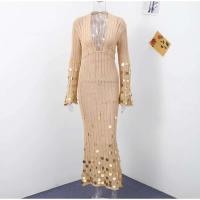 Vestido Maxi de Punto con Lentejuelas Cuello Profundo, Cintura Alta, Manga Larga, Robe de Fiesta Transparente Moda para Mujeres 2025 - details 4