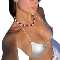 Mujeres Metálico Sier Halter Triángulo Bikini Sujetador Sin Mangas Sin Espalda Con Tiras Crop Top Bralette para Festival Rave Dance - details 2
