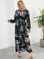 Vestido largo elegante de fiesta con estampado floral, mangas largas tipo farol y cintura alta para mujer - details 2