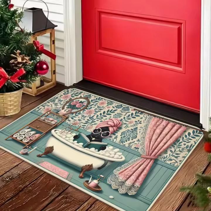 Alfombra de Baño de Gato Negro Encantador Antideslizante, Diseño de Bañera Floral - 1