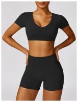 Conjunto de mallas de yoga, top, conjunto deportivo Fiess de manga corta, material de nailon para mujer, patrón sólido adaptable para primavera/verano - details 29