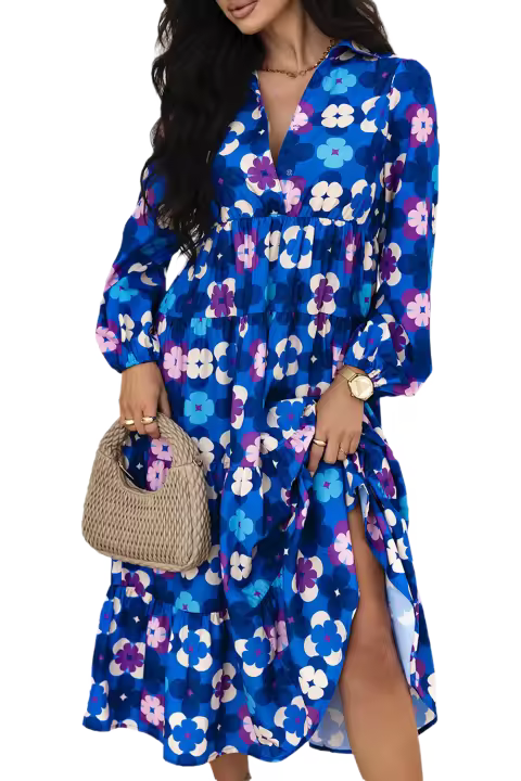 Elrachen Vestido midi floral con volantes escalonados para mujer, azul, tallas S-XL - 1