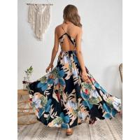 Vestido de noche bohemio con estampado tropical, escote barco, espalda descubierta, cintura ajustada, midi para mujer. - details 6