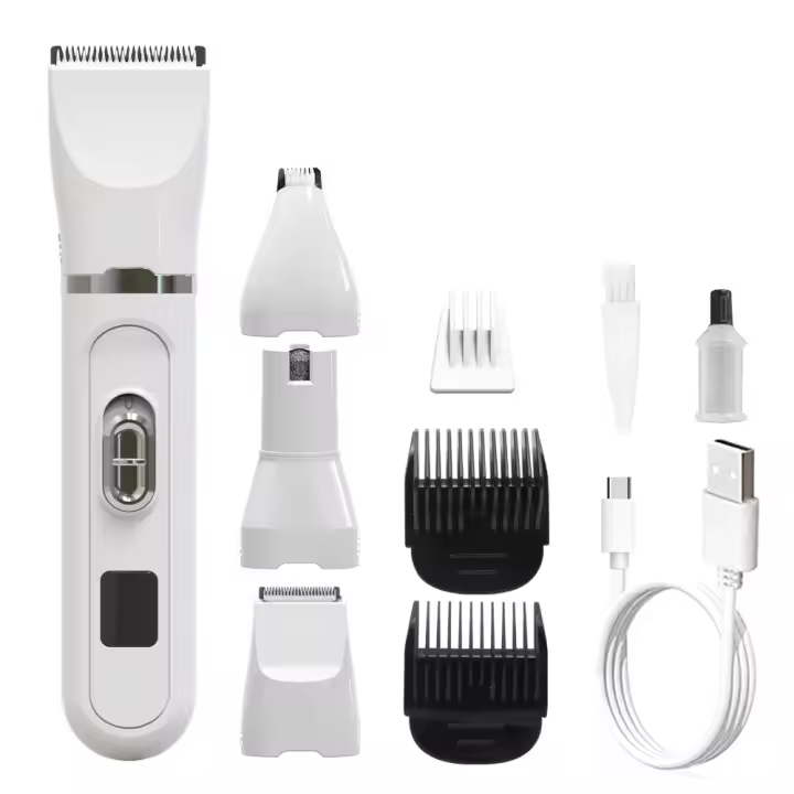 Kit de cortapelos para perros con amoladora de uñas, juego de recortador de patas de gato silencioso inalámbrico 4 en 1, recortador de pelo para mascotas con pantalla de alimentación transparente USB recargable de bajo ruido, afeitadora para perros y gato - 1