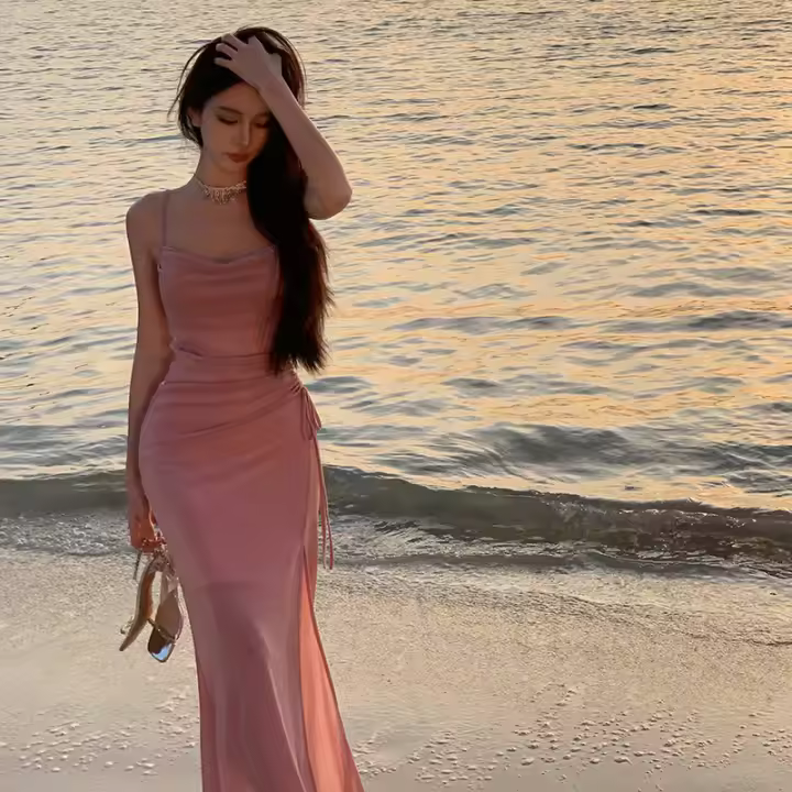 Vestido de tirantes de punto francés rosa de vacaciones con un temperamento delgado y lujoso, vestido de noche de fiesta anual, verano para mujer - 1