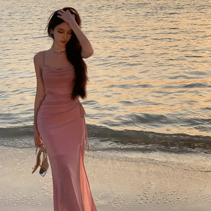Vestido de tirantes de punto francés rosa de vacaciones con un temperamento delgado y lujoso, vestido de noche de fiesta anual, verano para mujer - 1