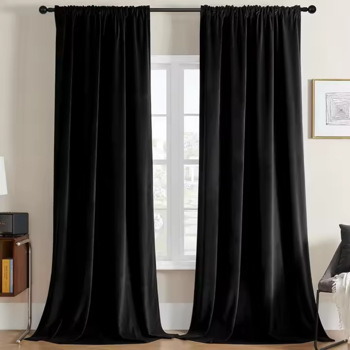 Cortinas Salon de Terciopelo Térmicas 2 Piezas, Opacas y Aislantes, para Dormitorio Moderno (132x245cm, Negro) - 1