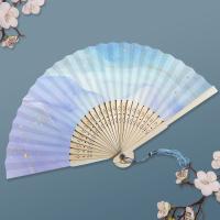 Abanico plegable de bambú con borlas coloridas, elegante abanico chino dorado, artesanía hecha a mano, abanicos plegables tradicionales de la antigüedad, decoración del hogar - details 9