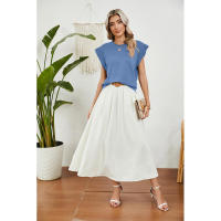 BUNO-2025 Tops para mujer, pantalón corto informal de moda de verano, camisetas básicas con textura a rayas de Color sólido y cuello redondo - details 45