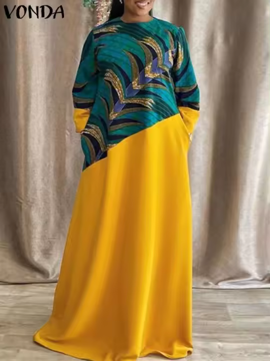 Vestido largo de talla grande 5XL VONDA Vintage estampado para mujer, vestido veraniego de fiesta con retales bohemios, vestido informal holgado de manga larga - 1