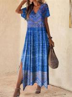Para mujer, vestido largo con cuello en V a la moda, falda de manga corta diaria, vestidos con aberturas de estilo bohemio, ropa de verano para mujer - details 5