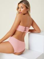 Conjunto de Bikini Rosa Sólido Traje de Baño de Nylon con Espalda Descubierta para Mujeres - details 5